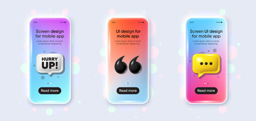Phone 3d mockup gradient screen. Hurry up sale tag. Special offer sign. Advertising discounts symbol. Hurry up sale phone mockup message. 3d chat speech bubble. Yellow text box app. Vector