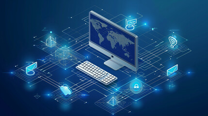 Futuristic computer setup with holographic icons representing global connectivity and digital technology.