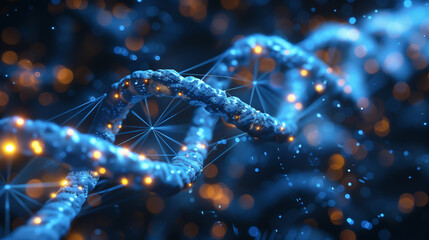 A detailed view of a textured blue DNA strand, with glowing orange nodes and connecting lines, against a dark background.