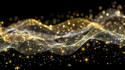 An enchanting scene of sparkling gold particles creating fluid, wave-like patterns on a dark background.