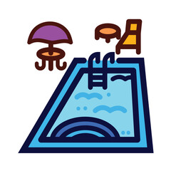 Swimming pool environment with stairs, chair, table, and umbrella colorful icon illustration outlined isolated on square white background. Simple flat cartoon art styled drawing.