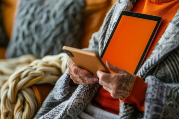 App preview over shoulder of a senior woman holding an ebook with an entirely orange screen