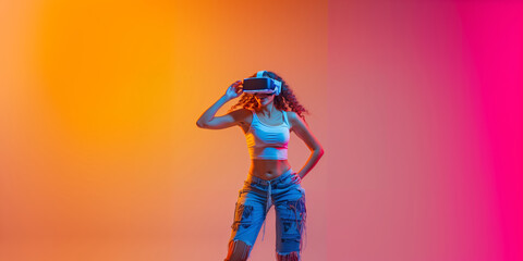 A young woman is dancing with virtual reality goggles