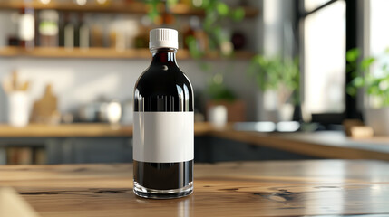 mock up of plain black soy sauce bottle, bottle with white cap and blank label, kitchen table background, Ai generated Images