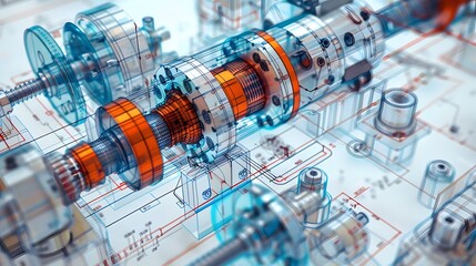 A 3D model of a machine with many parts and gears. Concept of complexity and precision, as well as the potential for advanced technology