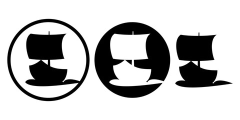 Three stylized graphic representations of a sailing vessel, featuring a classic ship silhouette with a single sail, presented in monochrome © Melnychukfree