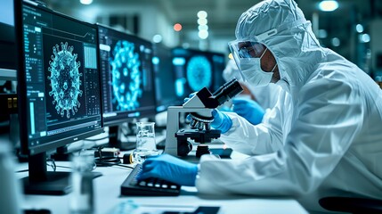 Virus Data Analysis Scientists analyzing virus data on computers