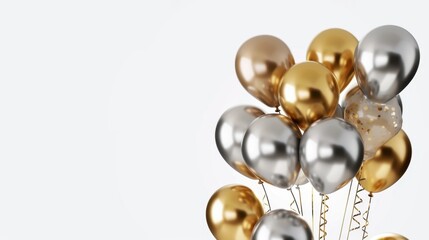 Gold and Silver Balloons Against a White Background
