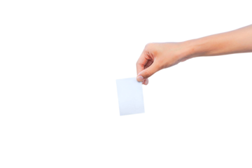 female hand holding blank card isolated on white background. PNG