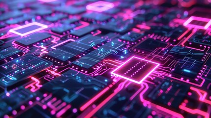 Obraz premium Abstract digital circuitry with vibrant pink neon lights, representing modern technology and futuristic electronic components.