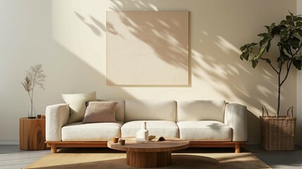 frame mockup, home room interior with sofa, framed wall poster