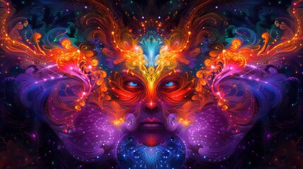 Heavenly hell with digital representations of angels and demons, Psychedelic colors, Fantasy, Neon, Contrasting