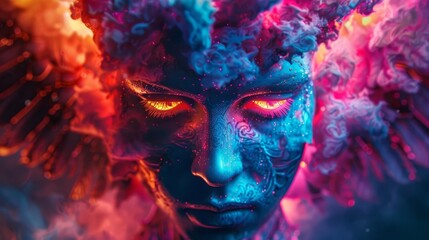 Fototapeta premium Heavenly hell with digital representations of angels and demons, Psychedelic colors, Fantasy, Neon, Contrasting