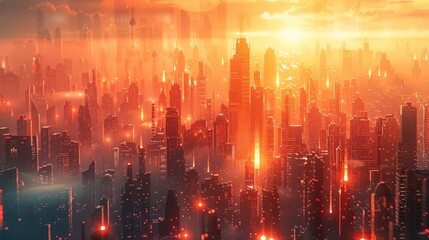 Fototapeta premium Morning light breaking through a futuristic cityscape, Warm colors, 3D rendering, Neon, Hopeful