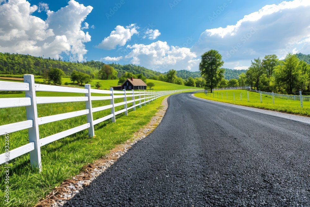 Wall mural Beautiful countryside view  asphalt road, white fence, and house in the background