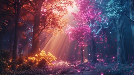Morning light streaming through a futuristic forest with holographic trees, Warm colors, 3D rendering, Neon, Serene