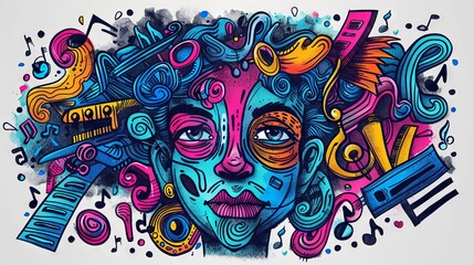 Colorful abstract portrait of a woman with musical notes and instruments.