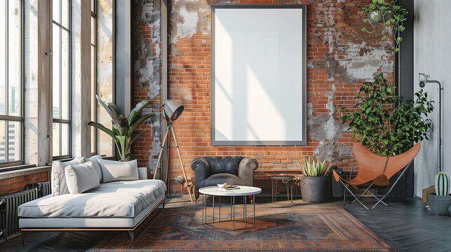 
Poster white mockup in an industrial loft with exposed brick walls, metal fixtures, and rustic furniture. The room has a bold and edgy feel with large windows and urban decor. High-resolution, elegan