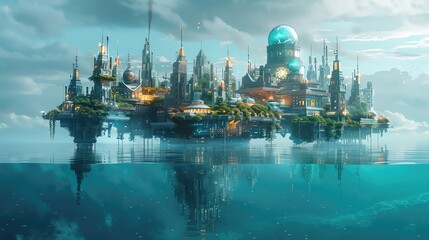 Obraz premium Futuristic floating city above calm ocean waters with a blue sky backdrop, showcasing advanced architecture and technology.