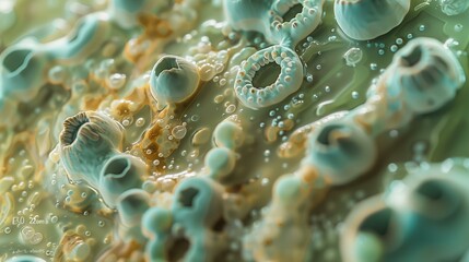 Close-up view of microscopic organisms on a surface, showcasing detailed textures and vibrant colors.