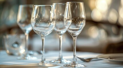 Three Empty Wine Glasses on a White Tablecloth