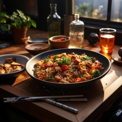 Fototapeta premium A Bowl of Stir-Fried Noodles with Chicken and Vegetables