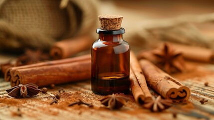 Aromatic essential oil in a brown glass bottle surrounded by cinnamon sticks and star anise.