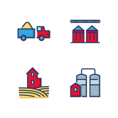 Farming line icon set. Sown field, grain truck, granary and hangar. Agricultural industry concept. Vector illustration for web design and apps