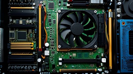 Fototapeta premium Motherboard, hard drive, cpu, fan, graphic card, memory, screwdriver and case.
