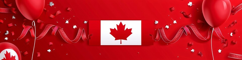 Obraz premium Frame with balloons, confetti, and maple leaves on red background with copy space. Holiday template for Canada Day, Victoria Day, Independence Day. Design for greeting card, banner, poster