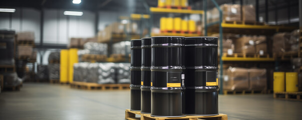 Black metal barrels with hazard symbols are stored on pallet in warehouse