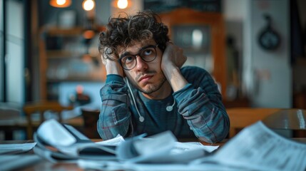 Obraz premium Stressed Individual Surrounded by Confusing Documents, Representing Financial Frustration