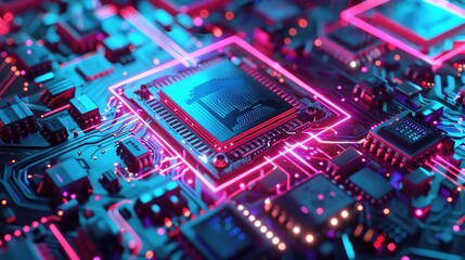 Close-up of a glowing microchip on a circuit board. High-tech, futuristic design showcasing intricate technology and electronic components.