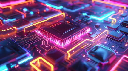 Obraz premium Futuristic circuit board with neon lights, representing advanced technology and modern electronic components.