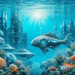 Fototapeta premium Marine life will be visible in the future with artificial coral reefs, underwater cities, and cyborg fish swimming around.