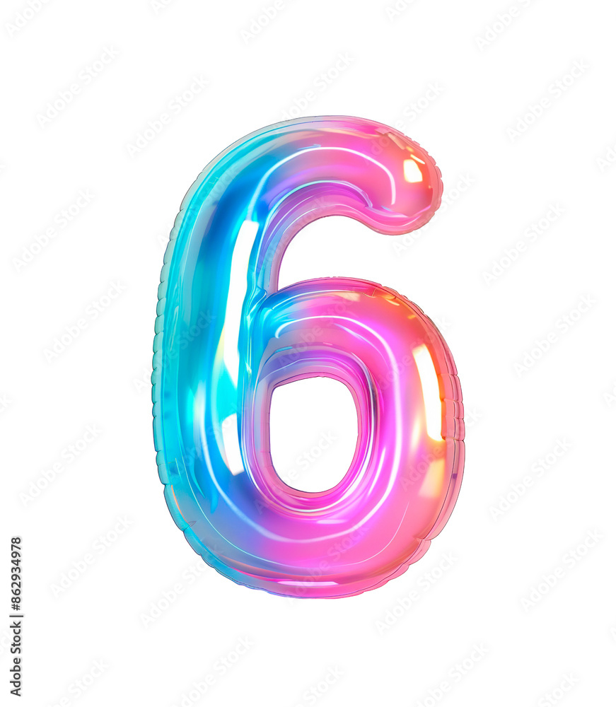 Fototapete AI generated photo with inflatable multicolored neon number 6. Minimalistic balloon isolated on a transparent background