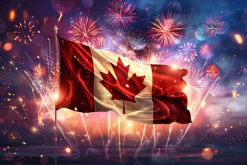 Holiday night sky with fireworks and flag of Canada. Canada Day, Victoria Day, Independence Day. Festive background for greeting card, banner, poster