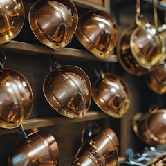 a close up of a wall of copper pots and pans