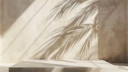 Empty room wall with texture tropical leaves shadow for product display presentation. Minimalist shadow overlay for product placement, stage pedestal or platform, promotion.