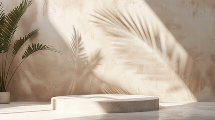 Empty room wall with texture tropical leaves shadow for product display presentation. Minimalist shadow overlay for product placement, stage pedestal or platform, promotion.