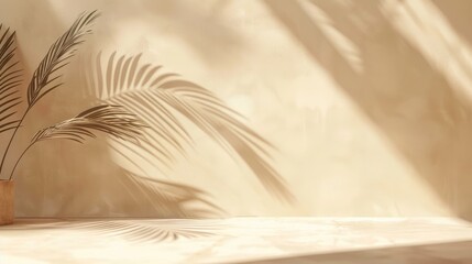 Obraz premium Empty room wall with texture tropical leaves shadow for product display presentation. Minimalist shadow overlay for product placement, stage pedestal or platform, promotion.