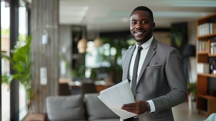 Obraz premium Confident young businessman in a modern office holding documents with a warm smile.