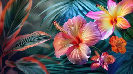Fototapeta premium Hibiscus flowers blooming over tropical leaves background