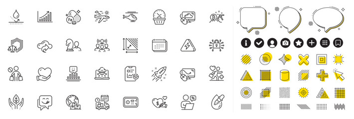 Set of Graph chart, International delivery and Safe box line icons for web app. Design elements, Social media icons. Yummy smile, Stop shopping, Cloud computing icons. Vector