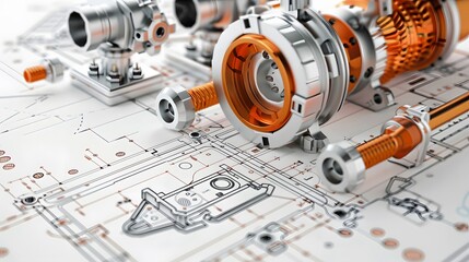 A machine part is shown on a white background with a drawing of a machine. Concept of a mechanical device