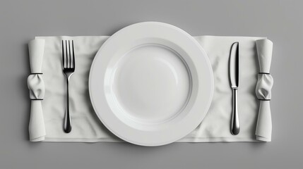 Elegantly arranged dining setup featuring a white plate, fork, and knife on a crisp white napkin.