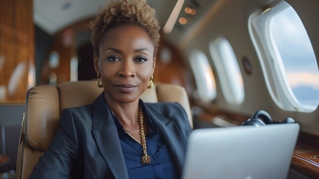 Businesswoman Working on Laptop in Private Jet Cabin - Powered by Adobe