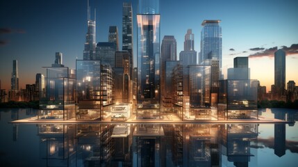 A Cityscape of Modern Skyscrapers Reflecting in a Tranquil Water