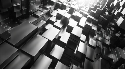 3d render black and white art of surreal 3d background based on long told cubes or bars particles in matte aluminium metal material looks like abstract ai generated