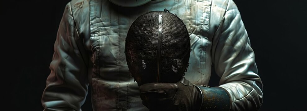 High-angle view of a fencer holding a fencing mask, isolated on a black background, dramatic lighting casting sharp shadows, ample copyspace, photorealistic detail